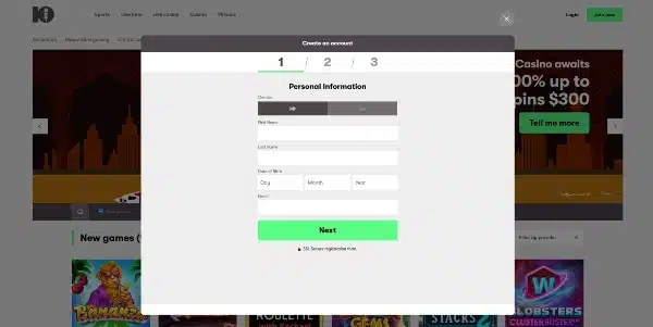 Provide the requested registration details in 10bet