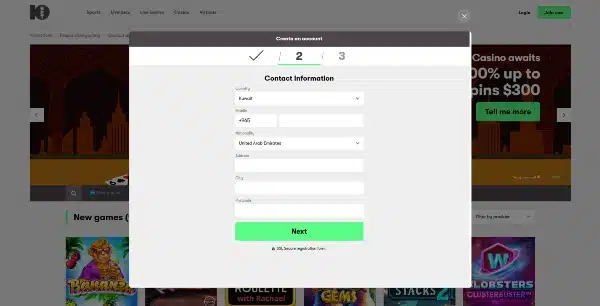 enter the username and password before setting the currency as EUR, GBP, USD, or CAD in 10bet