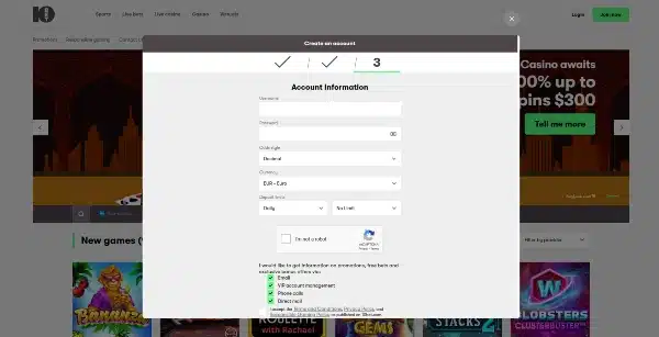 enter the username and password before setting the currency as EUR, GBP, USD, or CAD in 10bet